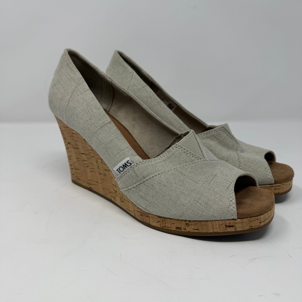 TOMS Canvas Peep Toe Wedge Sandal Oatmeal Natural Cork Heel Women Size 9
